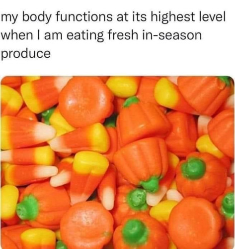 my body functions at its highest level when I am eating fresh in-season produce
[Picture of candy corn and those little candy corn flavored pumpkins]