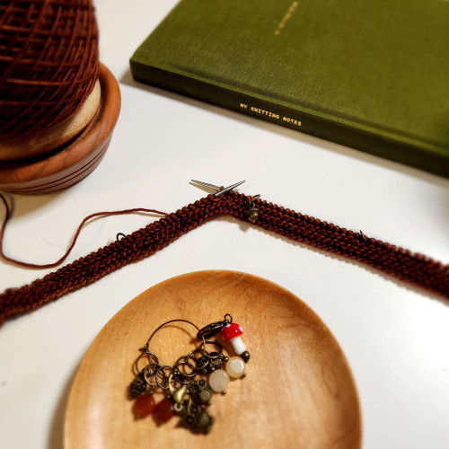 A few rows of garter stitch on a pair of knitting needles. To the side is a yarn butler with the warm brown yarn ball. Above is a green notebook with gilded gold "My Knitting Notes". Below is a wooden shallow dish with an assortment of woodland themed stitch markers: a mushroom, owls, pinecone, etc.