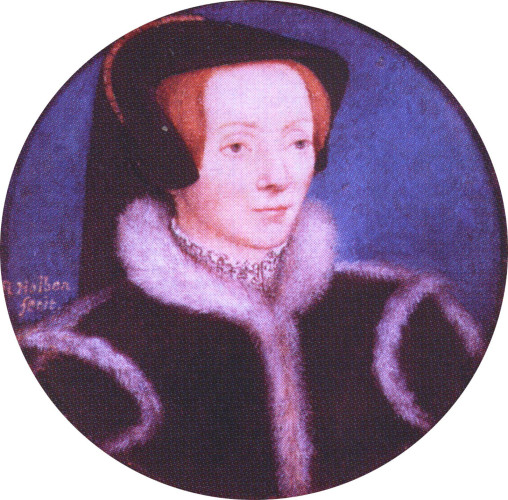 A miniature portrait of Katherine Willoughby by Hans Holbein. She sits, serenely gazing to the viewer's right. She has light brown almost reddish hair which is kept under a hood. She wears a dark colored, furred overdress with a white collar stitched in blackwork (a Spanish style).