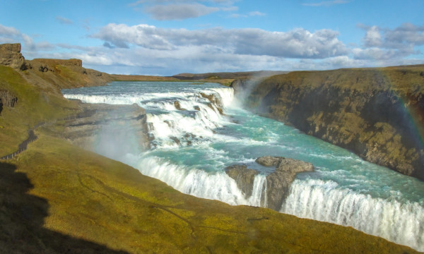 Gullfoss waterfall in Iceland, two drops along the Hvita River.