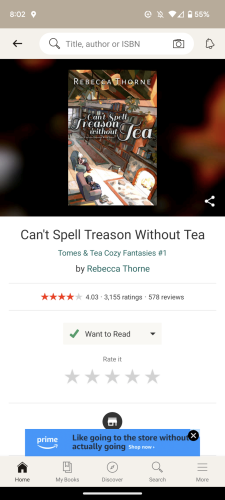 Goodreads page for Can't Spell Treason Without Tea by Rebecca Thorne