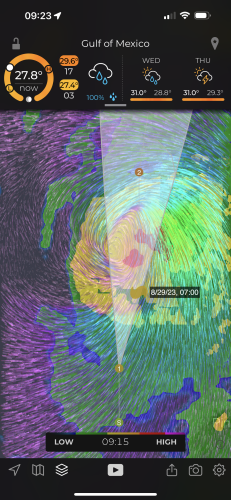 Screenshot of MyRadar showing the 7am ET forecast cone, overlaid by the current wind and Doppler radar. The current center of the storm has progressed to the north and is just along the western edge of the 7AM forecast cone.
