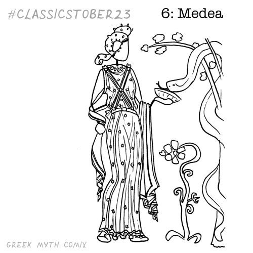 A lineart drawing of Medea from a red-figure piece of pottery. She is very slinky-looking and is feeding a snake from a bowl. By Greek Myth Comix.