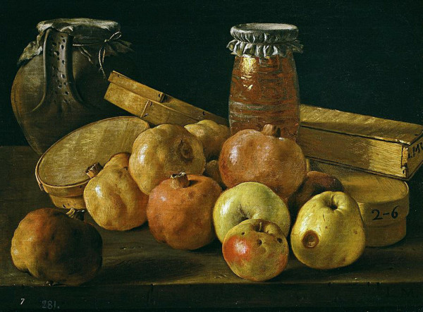 A traditional oil painting stilllife of a glass jar of jam or jelly and a group of apples and pomegranates in front of it. To the right of the jar is a book.