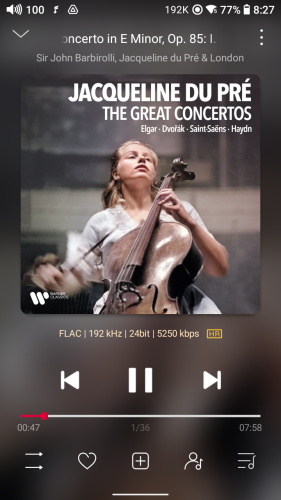 Screenshot from HiRes audio player showing album cover. It is Jacqueline du Pré playing the cello and quite passionately. 