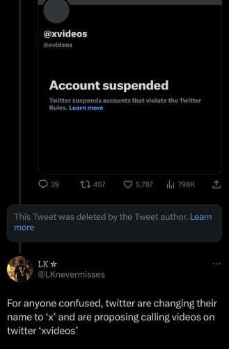 Screenshot of @xvideos(porn site) suspended account t on Twitter. With comment. “For anyone confused, twitter are changing their name to 'x' and are proposing calling videos on twitter 'xvideos'”