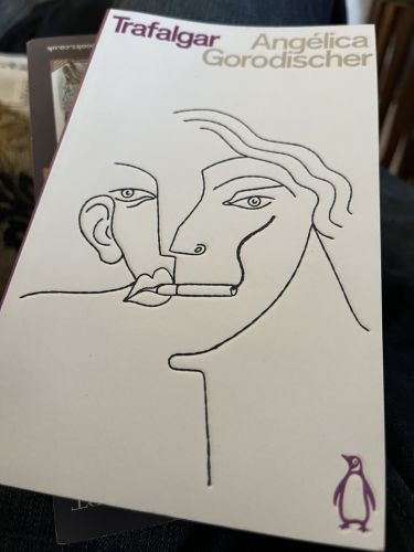 Front cover of Trafalgar from the Penguin SciFi classics series featuring an abstract pencil drawing of somebody smoking.