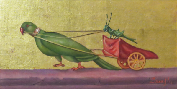 A Rose-ringed Parakeet pulling a two-wheeled cart with an grass-hopper holding reins.