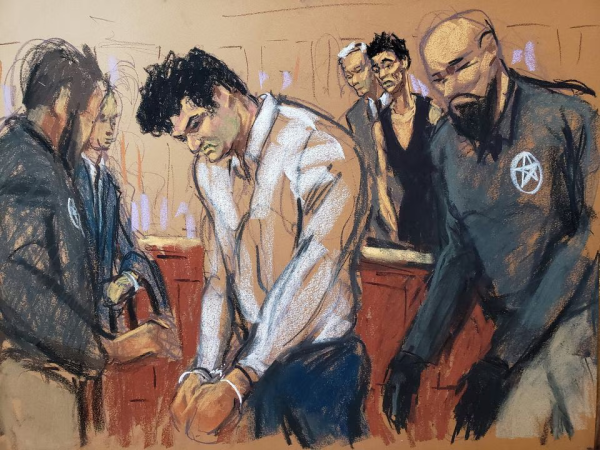 Illustration of Sam Bankman-Fried wearing handcuffs in a courtroom, with two US Marshals beside him. He is drawn with noticeably broader shoulders and larger biceps than in real life.