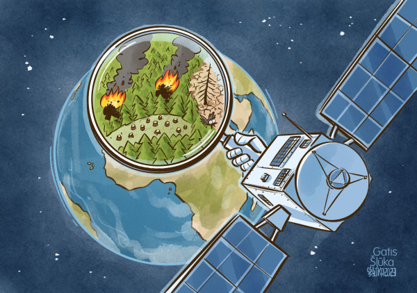 A drawing of a satellite with a lens that focuses on the Earth. The area enlarged by the lens is a forest where some trees have been cut and some others are on fire. 