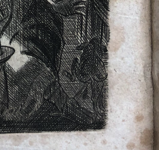 Detail of the Frontispiece of the pamphlet "Von Bedeutung der Cometen und des Gestirns" (1681, Dresden) UB Erlangen, H00/4 MTH-I 99 dg. You see a dog pissing on the leg of a scientist.