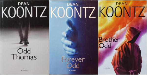 A composite photo of the first three "Odd Thomas" novels by Dean Koontz, in hardcover. 
1) "Odd Thomas"
2) "Forever Odd"
3) "Brother Odd"