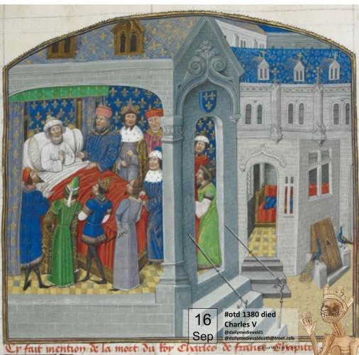 The picture shows the ruler on his deathbed surrounded by his faithful