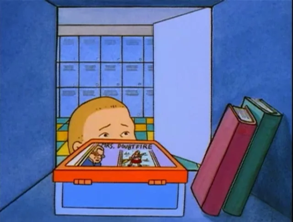 Shot from King of the Hill showing Bobby Hill peer into their school locker at a Mrs. Doubtfire lunchbox