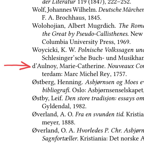 Section of a bibliography that shows d’Aulnoy sorting after W.