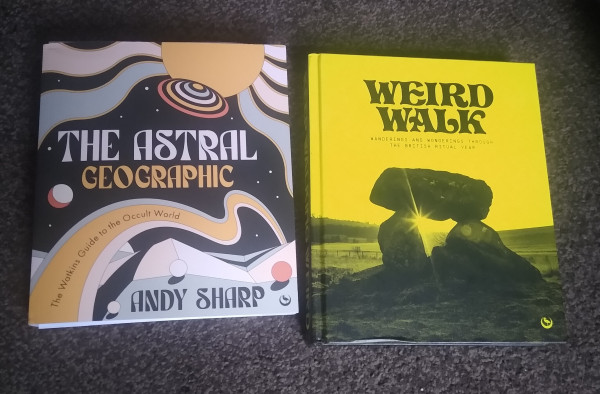 Book covers. 
The Astral Geographic by Andy Sharp.
Weird Walk by various authors