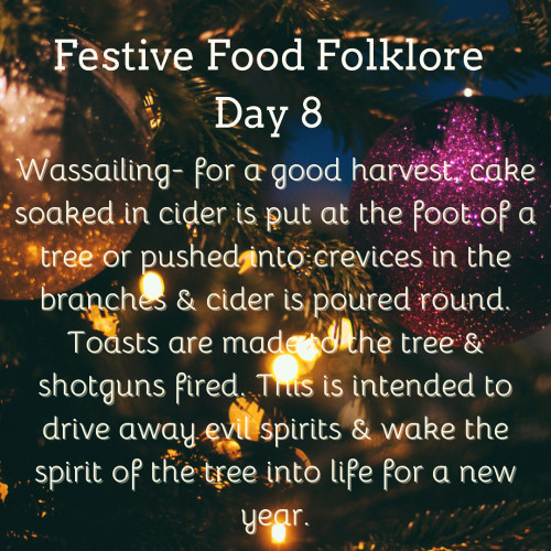 Festive Food Folklore - Day 8

Wassailing- for a good harvest, cake soaked in cider is put at the foot of a tree or pushed into crevices in the branches & cider is poured round. Toasts are made to the tree & shotguns fired. This is intended to drive away evil spirits & wake the spirit of the tree into life for a new year.

Cream text against a background if Christmas tree baubles 