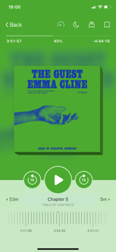 a screenshot of the Libby-app with a cover of The Guest by Emma Cline that shows a blue hand palm up on a green background 