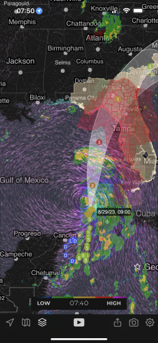 Screenshot of MyRadar showing Hurricane Idalia just northwest of Cuba, with a wide band of rain rotating across the Gulf of Mexico far in advance of the main body of the storm.