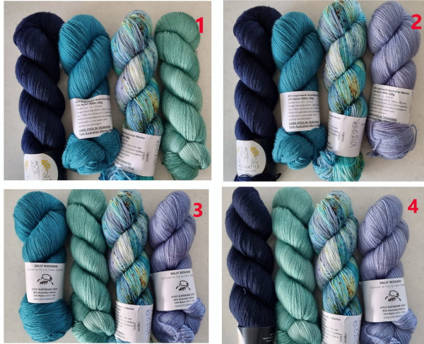 4 pictures of skeins of wool. Each picture has 4 skeins in varying shades of aquas, torquoise, green, & dark blue.