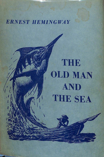Cover of Hemingway's "The Old Man and the Sea," with an enormous marlin leaping from the sea, hulking over a tiny man in a tiny boat.