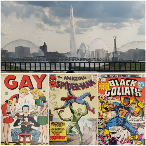 A collage of one wide photo above 3 old comic books.

The Miami Valley Five Rivers MetroParks Fountain of Lights at Riverscape in downtown Dayton, Ohio. Taken July 22, 2023 about 6 PM looking West-SouthWest from the Webster Street bridge crossing the Mad River.

Below the scenic photo are arranged 3 comic photos from Marvel publishing history. Timely Comics was one of many publishers which eventually became part of Marvel. From left to right: Gay Comics 28 from Timely in 1947 features two blonde gals trying to woo a potential suitor with their cooking - he seems woozy, but it's unclear if he's stuffed or if the cooking is sub-par. Amazing Spider-Man 20 from 1965 features the first appearance of The Scorpion holding Spidey triumphantly over his head. Black Goliath number 1 from 1976 features the giant hero character Bill Foster fighting a horde of normal-size uniformed villains in the street - he was played by Laurence Fishburn in the 2018 Marvel film, Ant-Man and The Wasp.