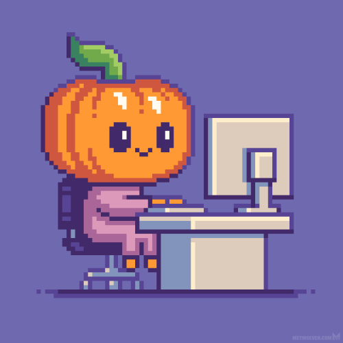 Cute pixel character with a pumpkin head sitting behind a desktop computer.