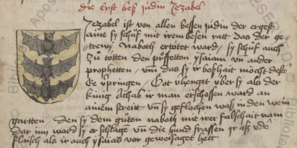 An excerpt from Ott.lat.2347, featuring am imaginary coat of armas for Jezebel, three bats on gold, and biographical text