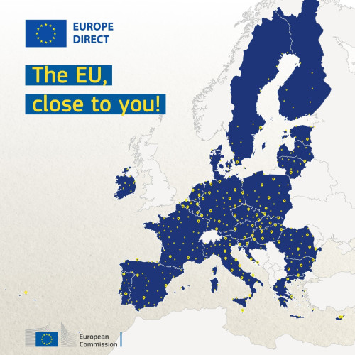 A visual showing a map of Europe with EU countries marked in dark blue and yellow markers where some of the 424 Europe Direct centres are located. 

On the top-left side of the visual are the EU flag and the text "Europe Direct - The EU, close to you!".  