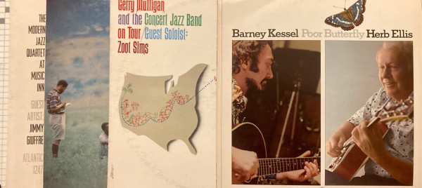 Three album cover - The Modern Jazz Quartet at Music Inn; Gerry Mulligan and the Concert Jazz Band on tour with guest soloist Zoot Sims; Poor Butterfly by Barney Kessel and Herb Ellis