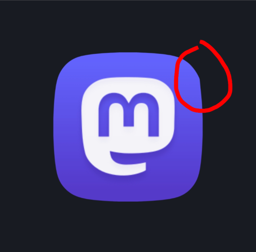 The mastodon icon that appears when launching the progressive web app installed by chrome on Android. The outline of the icon has a small yet maddening imperfection on the top right corner.