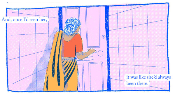A woman stands in front of a door with her back to us in this image from Sabba Khan's graphic short story At the Door.