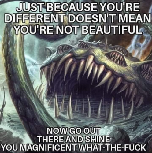 Top text: JUST BECAUSE YOU'RE DIFFERENT DOESN'T MEAN YOU'RE NOT BEAUTIFUL

Picture of a monster in the water with sharp fangs, teeth got eyes, and a tentacle rising up

Bottom text: NOW GO OUT THERE AND SHINE YOU MAGNIFICENT WHAT-THE-FUCK