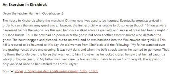 German folk tale "An Exorcism in Kirchbrak". Drop me a line if you want a machine-readable transcript!