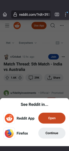 An annoying popup in my mobile browser asking me if I would like to open the reddit app or if I would like to open Reddit in Chrome.