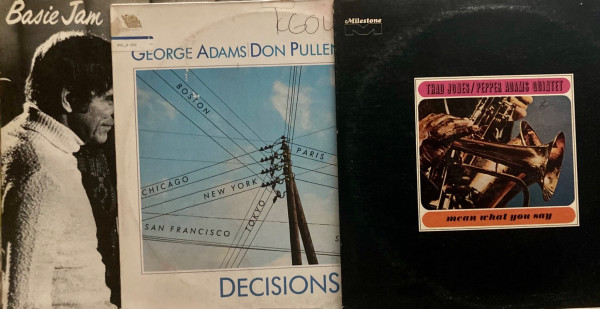 Three album covers - Basie Jam; George Adams and Don Pullen Quartet; Thad Jones and Pepper Adams Quintet
