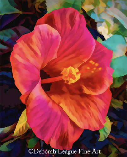 Midnight In The Garden art print. A tropical Hibiscus bloom glows mysteriously in the darkening garden. Colorful drama for your walls.