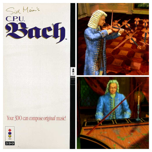 Sid Meier's C.P.U. Bach left. Right, animations of a baroque performer playing violin on top and harpsichord on bottom. 