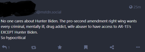 A screenshot of a post from someone comparing people with mental health challenges to criminals, drug addicts and wife abuser's. It reads
"No one cares about Hunter Biden. The pro-second amendment right wing wants every criminal, mentally ill, drug addict, wife abuser to have access to AR 15's EXCEPT Hunter Biden. So hypocritical".  I just posted breaking news that I saw when the Biden story broke. No opinion just a link.

My response to this post is available for anyone wishing to see and read:
Every "mentally ill"?!  I'm not part of the red gang or the blue gang but, this is an absolutely archaic ablest attitude and statement. Every "mentally ill"?  Every mentally ill what?  Health conditions are not what kills people.  [This is that not the response to the individual calling me a Karen.]
