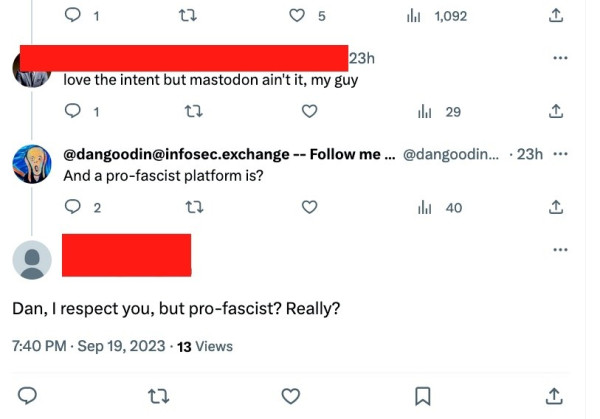 Twitter reply: "Dan, I respect you, but pro-fascist? Really?"