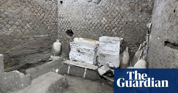 Room containing two beds, one without a mattress, cabinets, urns and containers was found by archaeologists at the Civita Giuliana villa. Photograph: Italian Culture Ministry/EPA