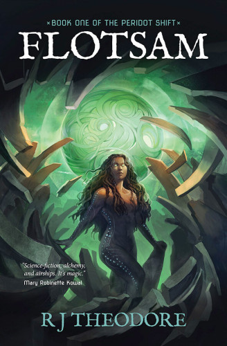 Cover - Flotsam by R.J. Theodore - illustration of a beautiful black woman with long brown hair and glowing green eyes, with rows of glowing blue dots down her arms and legs, standing in a field of rubble in front of a glowing green sphere covered in swirling patterns