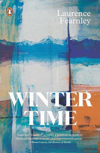 Image of the book cover for Winter Time by Laurence Fearnley with the quote "Laurence Fearnley occupies a position somewhere between National Treasure and experimental writer." Thom Conroy, NZ Review of Books.

The cover is of a stylised view of snow covered mountain peaks at the top, in the distance, with a lake or body of water in the middle, and a yellow area of sand or beach at the front. Down the centre of the image it's washed out, sort of like looking through a sheer curtain or a scrap down through paint. This has created a "break" or tear in the image towards the right hand side. The title is in large white letters towards the bottom, the author's name at the top right, and the Penguin logo is at the top left.
