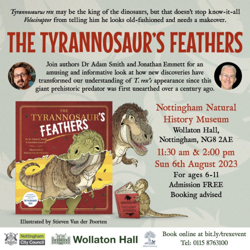 Images of the Tyrannosaur's Feathers book. 

"Tyrannosaurus rex may be the king of the dinosaurs, but that doesn’t stop know-it-all Velociraptor from telling him he looks old-fashioned and needs a makeover. 

Join authors Dr Adam Smith and Jonathan Emmett for an amusing and informative look at how new discoveries have transformed our understanding of T. rex’ appearance since this giant prehistoric predator was first unearthed over a century ago. Illustrated by Stieven Van der Poorten"