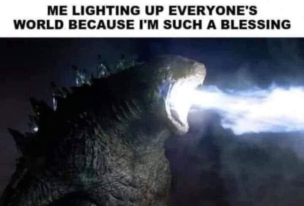 "ME LIGHTING UP EVERYONE'S WORLD BECAUSE I'M SUCH A BLESSING"
with a picture of Godzilla shooting plasma flame from his mouth