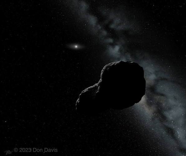A painting of Comet Halley by Don Davis, showing it at its greatest distance from the Sun, 35 astronomical units out, beyond the orbit of Neptune. The comet is silhouetted against the band of the Milky Way and the Sun is relatively faint in the distance.

Don’s original caption & tweet: 

A digital painting of Halley's Comet at Aphelion, its greatest distance from the Sun, with the view from there as it is now with the Sun (and Planets) against the stars. All but Saturn would be too dim to see visually.

https://twitter.com/ddavisspaceart/status/1733570984593309841?s=21
