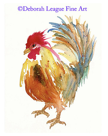 Happy Rooster watercolor art print. Standing proud, this colorful barnyard bird makes his presence known. Wonderful chicken wall art.