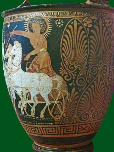 Red-figure vase painting of Helios driving his quadriga, a chariot drawn by four white horses. He is holding the reins in his left while swining his riding crop in the right. His head is illuminated by an aureola and he wears a spiky crown in his lush, curly hair. A billowing himation is fastened around his waist with a golden belt while his upper body remains in the nude.