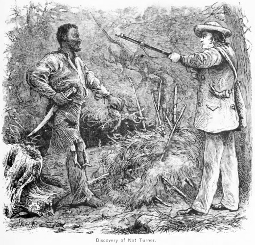 A black and white engraving called The Discovery of Nat turner, by William Henry Shelton. It shows a white man with a musket pointing said weapon at a Black man with a blade, coming out of a forest.
