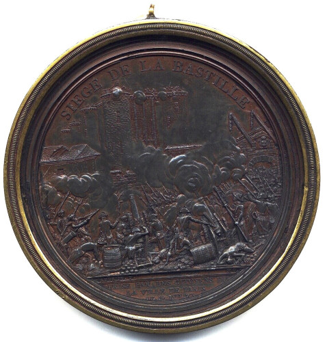 round medal, patinated copper cliché in beaded brass frame

description from British Museum
https://www.britishmuseum.org/collection/object/C_M-2579